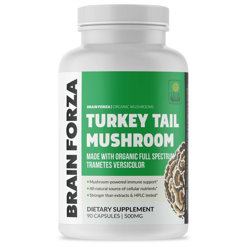 Beyin Forza Organik Türkiye Tail Mushroom Capsules, Mushroom Tozlu Immune Support, Liver ve Digest Health Support, Organic Defense Support, Non-GMO, Vegan, Organik, 90 Capsules