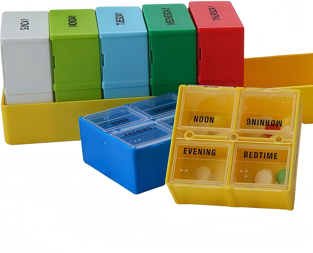 Büyük Haftalık Pill Case, 7-Day Pill Casetments, Pill Organizer 4 Times Daily, 4-A-Day Pill Konteyner, Güvenli Karşılaştırmalar, 7.8 x 2.3 x 2.3