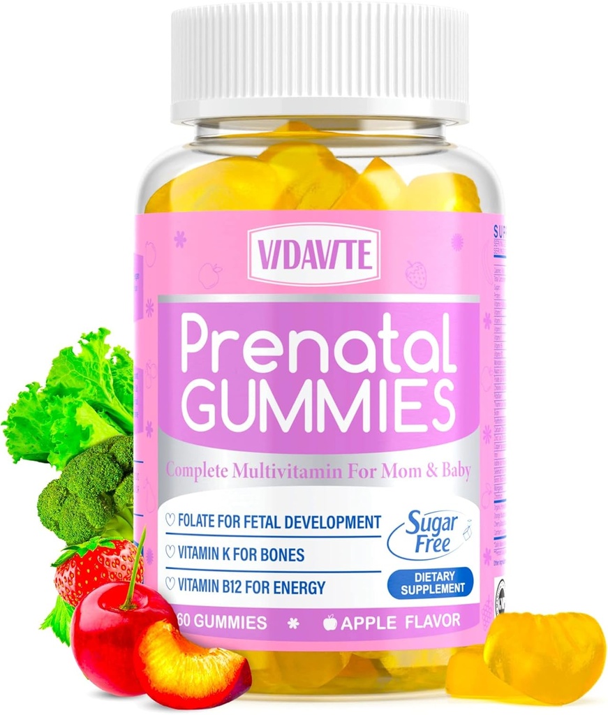 Şeker Free Prenatal Gummies - 30+ Nutrients (Choline, Folate, Iron, Vitamin) Fetal ve Neural Destek, Bones, Energy & Immunity - USA- Made Vegan Prenatal Vitaminler Kadınlar için (60 Gummies)