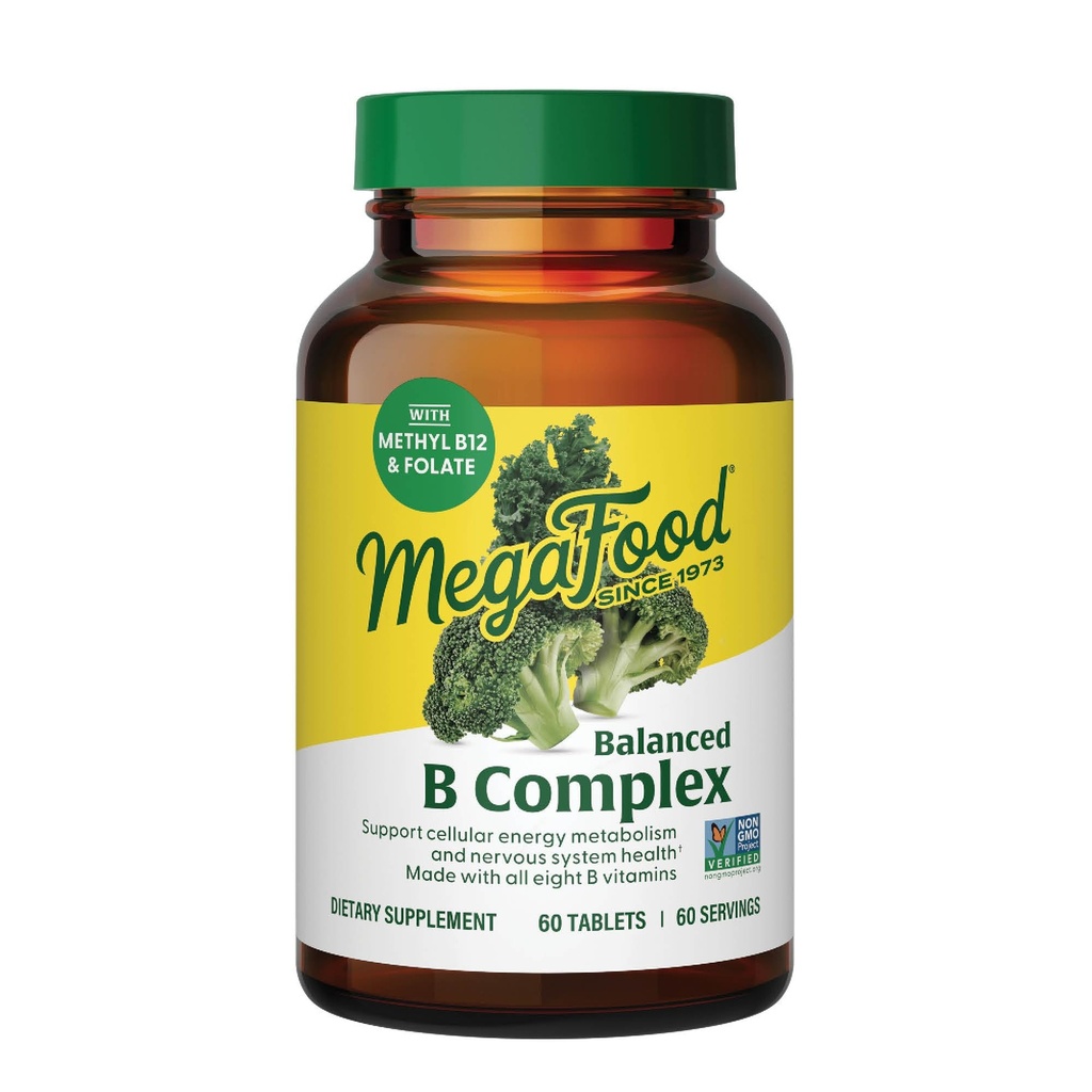 MegaFood Balanced B Complex - B Complex Vitamin Supplement - 8 Β Βιταμίνες συμπεριλαμβανομένης της βιταμίνης Β6, Βιταμίνη Β12, Φολικό, Βιοτίνη & Περισσότερα - Υποστηρίζει Κυτταρική Παραγωγή Ενέργειας - Vegan, Χωρίς Γλουτένη - 60 Tabs