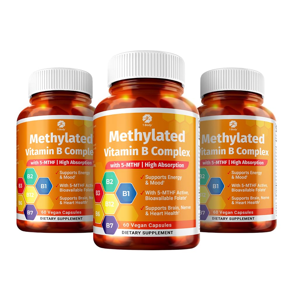 1 Body Vitamin B Complex 3 Pack – Βιοδιαθέσιμες βιταμίνες Β με 5-MTHF Folate, B1, B2, B5, B6, Methyl B12, Niacin & Biotin – Non-GMO, Vegan, Made in USA