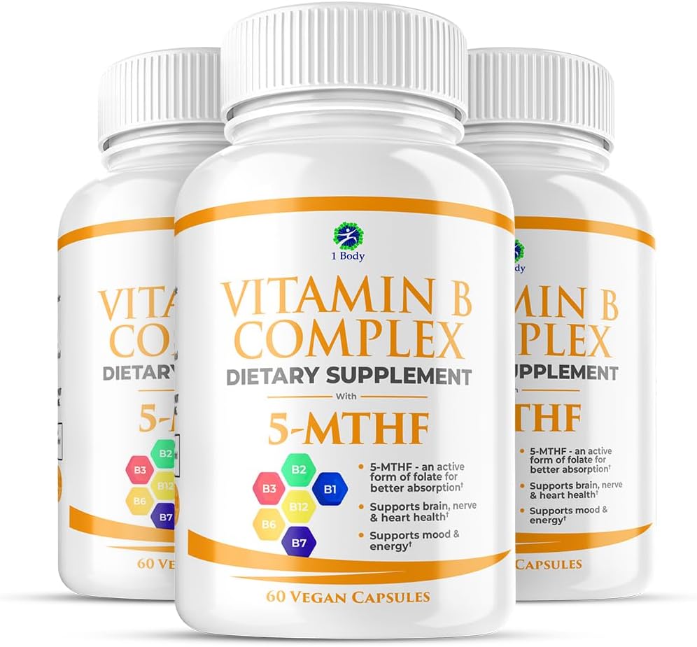 1 Body Vitamin B Kompleksi 3 Pack – Bio available B Vitaminleri 5MTHF Folate, B1, B2, B5, B6, Me B12, Niacin & Biotin – Non-GMO, Vegan, ABD'de Yapıldı