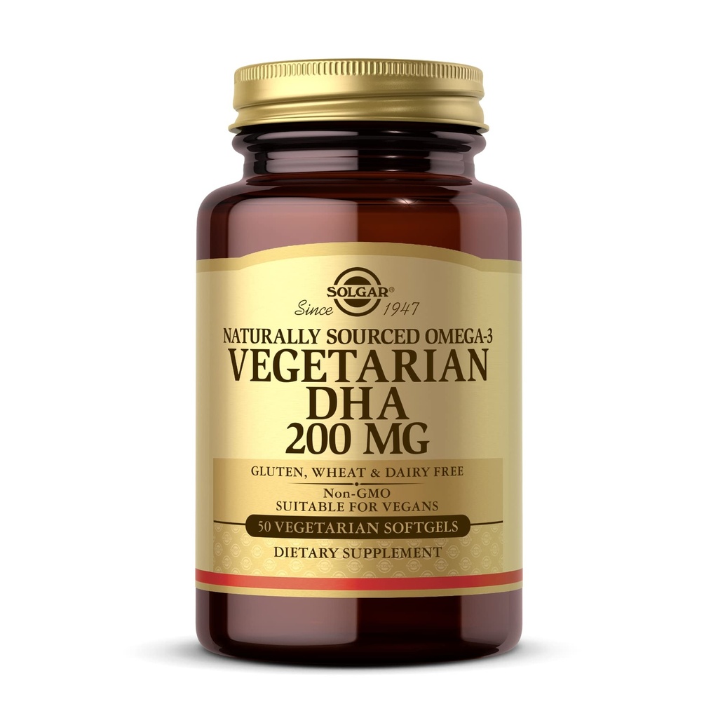 Solgar Vegetarian DHA 200 mg - 50 Vegetarian Softgels - Doğal Kaynaklanmış Omega-3 - Vegan, Gluten Free, Dairy Free - 50 Hizmet