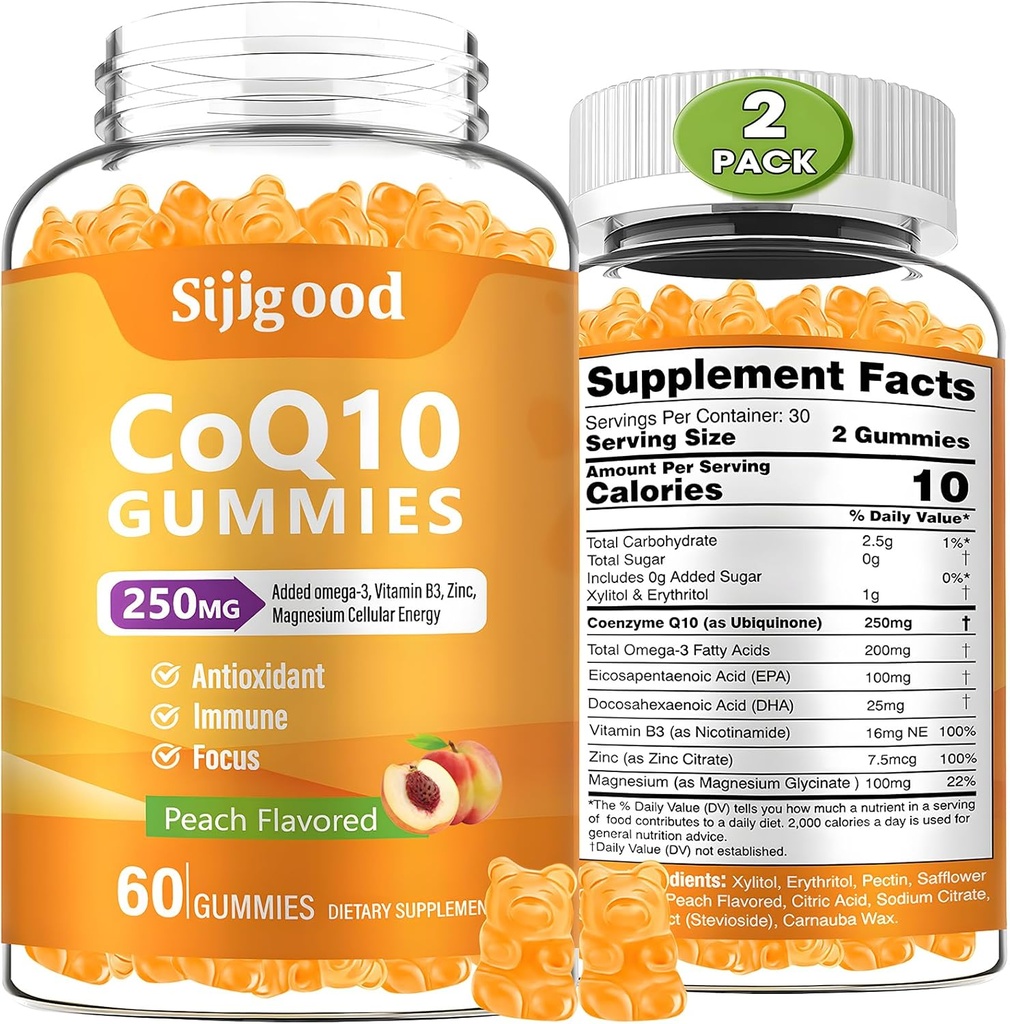 2 πακέτα CoQ10 Gummies, Plus Omega-3, βιταμίνη Β3 και ψευδάργυρος, μαγνήσιο, 5X υψηλής απορρόφησης συνένζυμο Q10 συμπληρώματα, q10 για την ενίσχυση της κυτταρικής ενέργειας, ισχυρό αντιοξειδωτικό & εγκέφαλο, Peachάκινο άρωμα, 120 κοχ