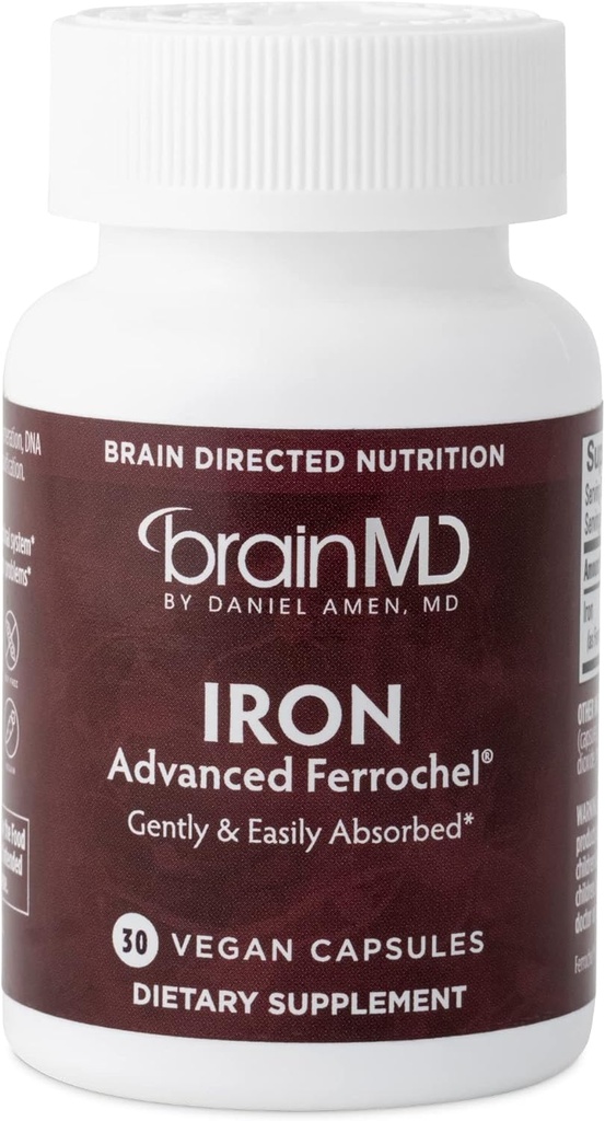 BRAINMD Dr Amen Iron - 30 Capsules - Supports Energy Production, Cognitive Function & Gene Regulation - Gentle & Easy Absorbed - Gluten Free - 30 Hizmet