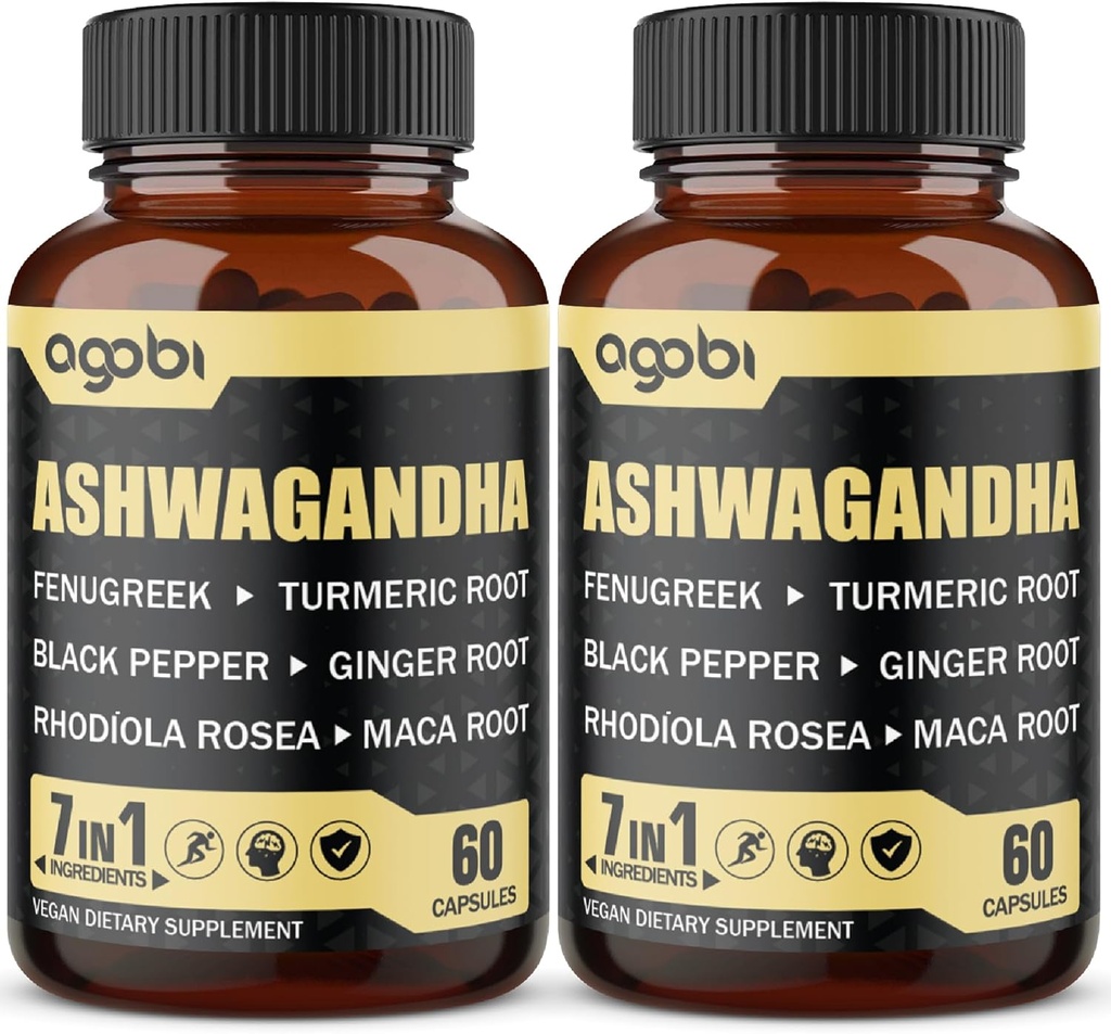 2 συσκευασίες 60 κάψουλες - 8050mg Ashwagandha συμπλήρωμα εκχύλισμα - 7in1 με Fenugreek, Maca, Turmeric, Rhodiola, Ginger & Black Pepper - Spirit, Immune & Energy Support - 4 μήνες προσφοράς