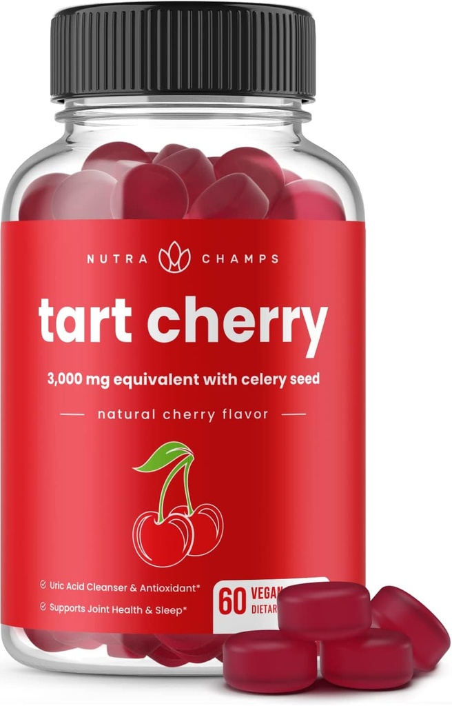 NutraChamps Tart Cherry Gummies - 3000mg Tart Cherry Extract with Celery Seed - Συμπλήρωμα καθαρισμού ουρικού οξέος - Αντιοξειδωτικό, Κοινή Άνεση, Ευκαμψία, Ανοσοποιητική Υγεία, Ύπνος - 60 Vegan Gummies