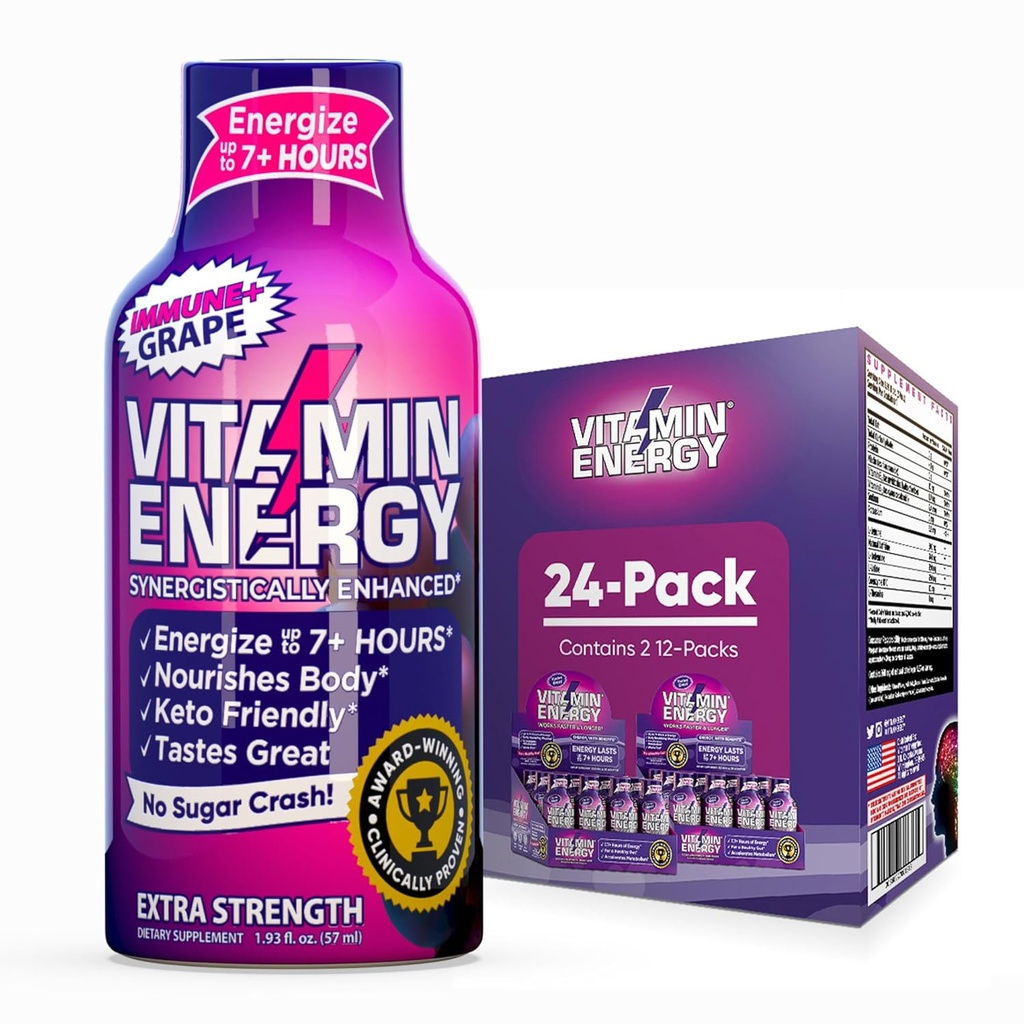 Enerji Vitamini Immune+ Ekstra Güç Enerji Shot Grape 24 Pack, 260 mg Natural Caffeine, B-Vitamins, Citicoline, Green Tea, Immunity & Focus Support, Zero Sugar, Gluten-Free 1.93 fl ozzz