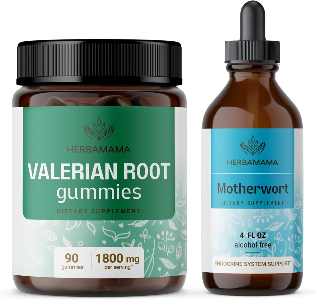 HERBAMA Valerian and Motherwort Kit - Bundle των 1800 mg Valerian Root Gummies & Motherwort Liquid Drops - Vegan, Non-GMO, Ζελατίνη & Αλκοόλ- Δωρεάν - 2 Pack