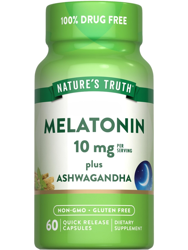 Nature's Truth Melatonin 10mg with Ashwagandha | 60 Capsules | Non-GMO & Gluten Free Supplement for Yetişkinler