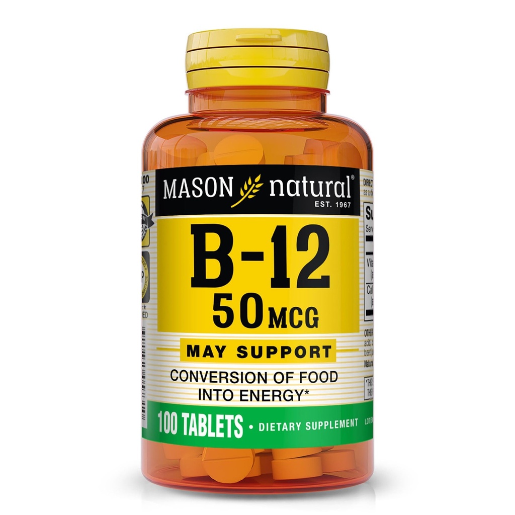 MASON NATURAL Vitamin B12 50 mcg ile, 100-Day Supply, Diyetary Supplement to Support Natural Energy Levels, 100 Tabletler ( 1)