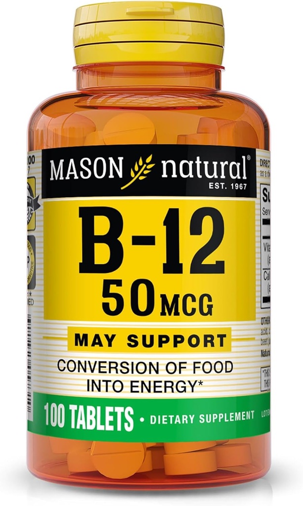 MASON NATURAL Vitamin B12 50 mcg ile, 100-Day Supply, Diyetary Supplement to Support Natural Energy Levels, 100 Tabletler ( 1)