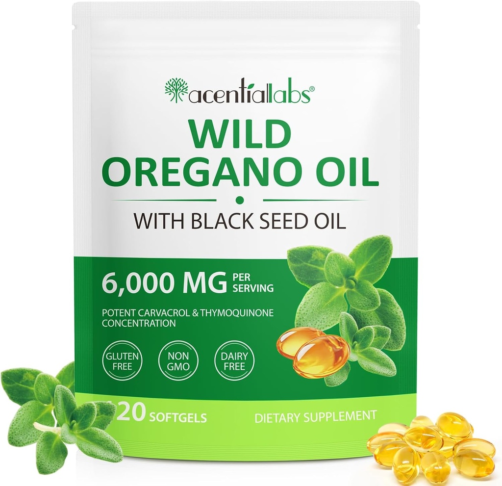 Oregano Softgels 6000mg Per Servis - Siyah Tohum Yağı ile Oregano yağı - Potent Carvacrol & Thymoquinone | Immune Support, Digestive Health & Antioxy | Non-GMO, Gluten-Free, Dairy-Free