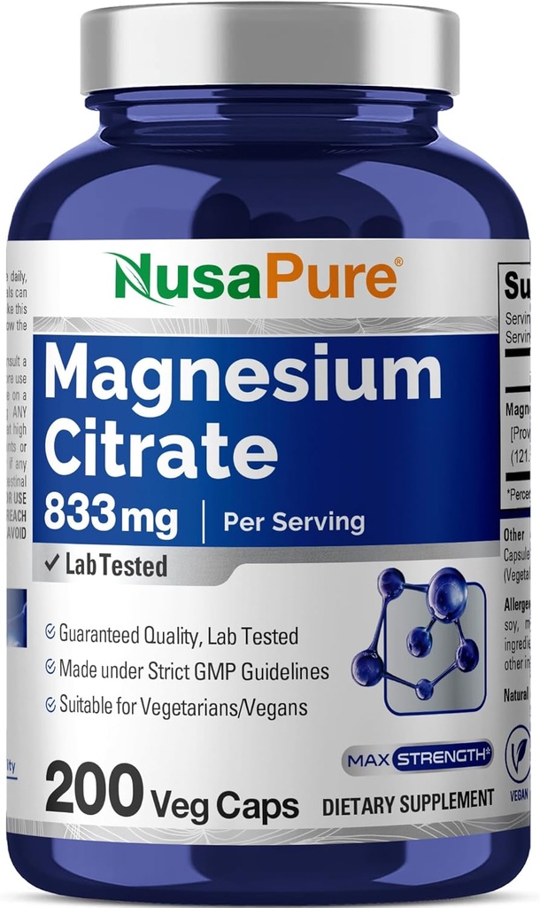 NusaPure Magnezyum Citrate 833 mg - 200 Veggie Capsules (Vegetarian, Non-GMO, Vegan)