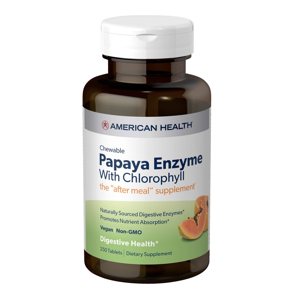 American Health Papaya Enzyme Chewable Tablets - Προάγει τη θρεπτική απορρόφηση, βοηθά στην πέψη και φρεσκάδα αναπνοή με χλωροφυλλέλαιο & πεπερμέντα - χωρίς γλουτένη, χορτοφαγικά - 250 Count