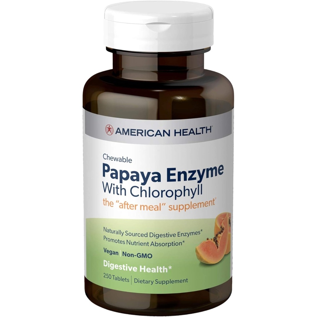 American Health Papaya Enzyme Chewable Tablets - Προάγει τη θρεπτική απορρόφηση, βοηθά στην πέψη και φρεσκάδα αναπνοή με χλωροφυλλέλαιο & πεπερμέντα - χωρίς γλουτένη, χορτοφαγικά - 250 Count
