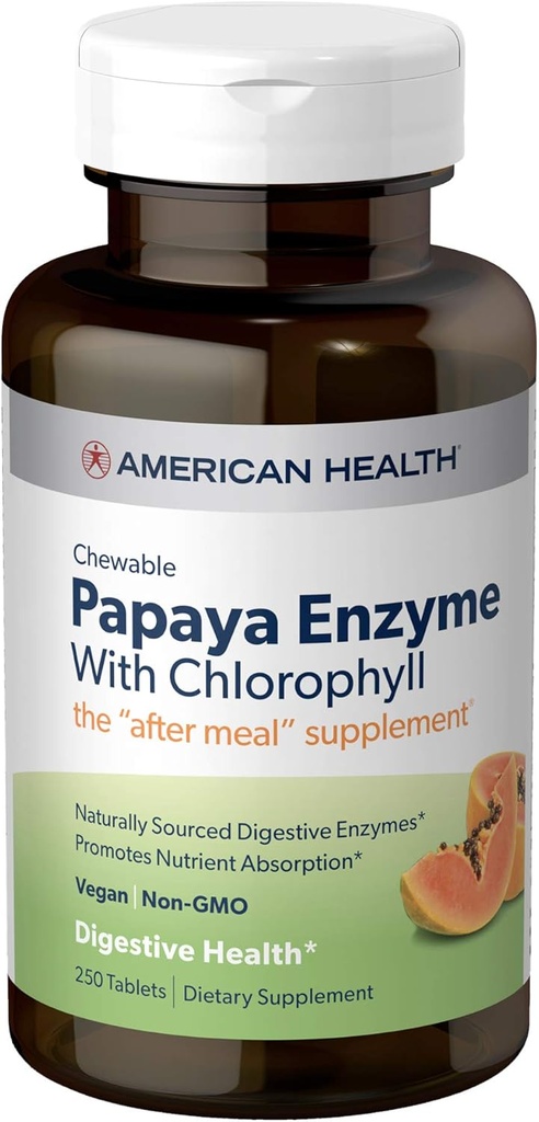 Amerikan Sağlık Papaya Enzyme Chewable Tabletleri - Nutrient Abors'u teşvik eder, Klorophyll & Pepermint Oil ile Digestion ve Freshens Breath - Gluten-Free, Vegetarian - 250 Count