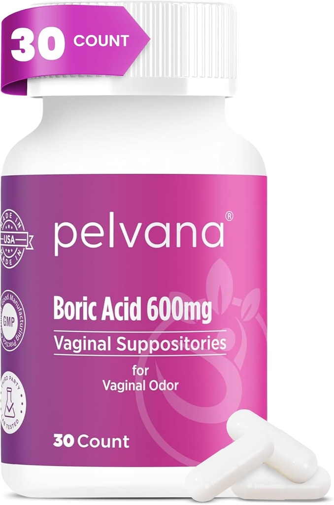 Pelvana Boric Acid Suppositories for Women 30 Count - For Vaginal Odor & Freshness, Feminine Hijyen & Wellness - ABD'de Gerçekleştirilmiş ve Şişelenmiş - Feminine Health Odor Çözüm