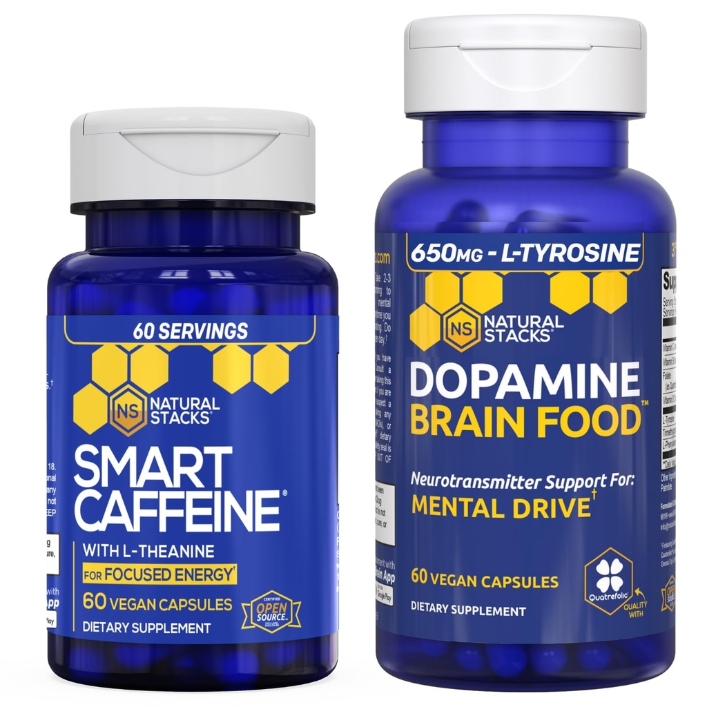 ΦΥΣΙΚΑ ΣΤΑΚΙΑ Smart Caffeine + Dopamine Brain Food Bundle - Υποστηρίζει την ενέργεια, Focus & Mental Drive* - 120 Σύνολο κάψουλες