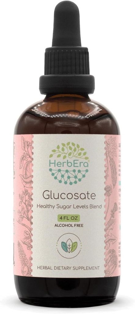 HerbEra Glucosate B120 Εκχύλισμα Χωρίς Αλκοόλ Βάμμα, Πικρό Μέλον Φρούτο, Κανέλα Μπαρκ, Ρίζα Δαντελίων, Φύλλο Γυμνασίου, Σπόροι Φενουτσίτσας, Φρούτα Άμλα. Υγιή επίπεδα ζάχαρης ανάμειξη 4 fl Oz