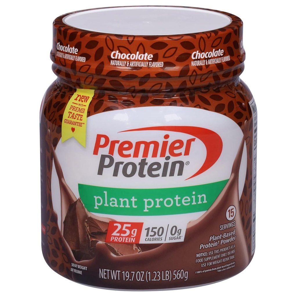 Premier Protein Powder Plant Protein, Chocolate, 25g Plant-Based Protein, 0g Sugar, Gluten Free, No Soy or Dairy Ingredients, 15 Servings