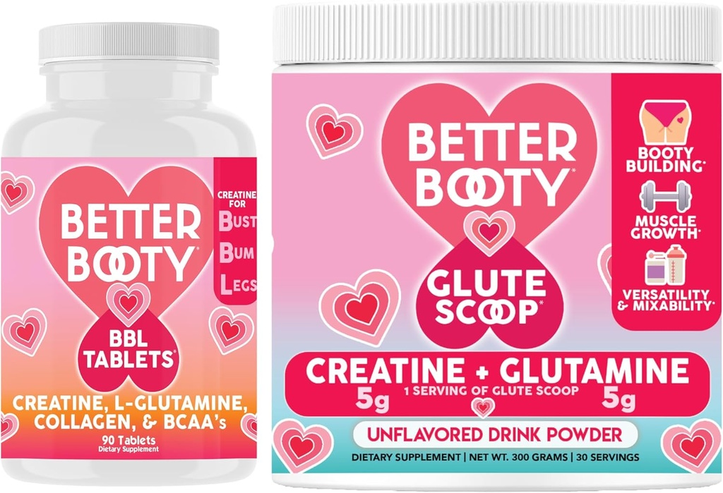 Angry Συμπληρώματα Καλύτερα Booty Γυναικεία Creatine Combo: BBL Tablets (90ct) w. Creatine, Glutamine, BCAA's, Collagen + Glute Scoop Creatine & Glutamine Άγευστο Drink Mix
