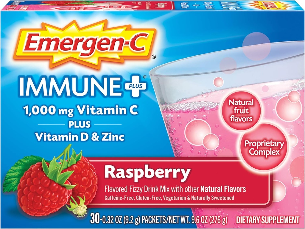 Emergen-C Immune+ 1000 mg Vitamin C Toz, D vitamini, çinko, Antioksis ve Electrolytes for Immunity, Immune Support Diyetary Supplement, Raspberry Flavor - 30 Count/1 Moon Supply