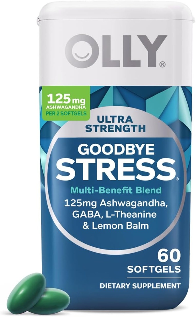 OLLY Ultra Strength Αντίο Softgels στρες, GABA, Ashwagandha, L-Θεανίνη και λεμονιού Balm, συμπλήρωμα ανακούφισης στρες - 60 κόμης