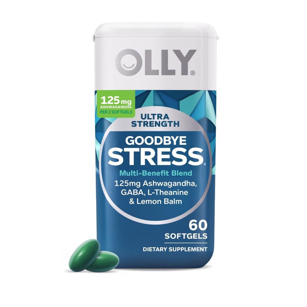 OLLY Ultra Strength Αντίο Softgels στρες, GABA, Ashwagandha, L-Θεανίνη και λεμονιού Balm, συμπλήρωμα ανακούφισης στρες - 60 κόμης
