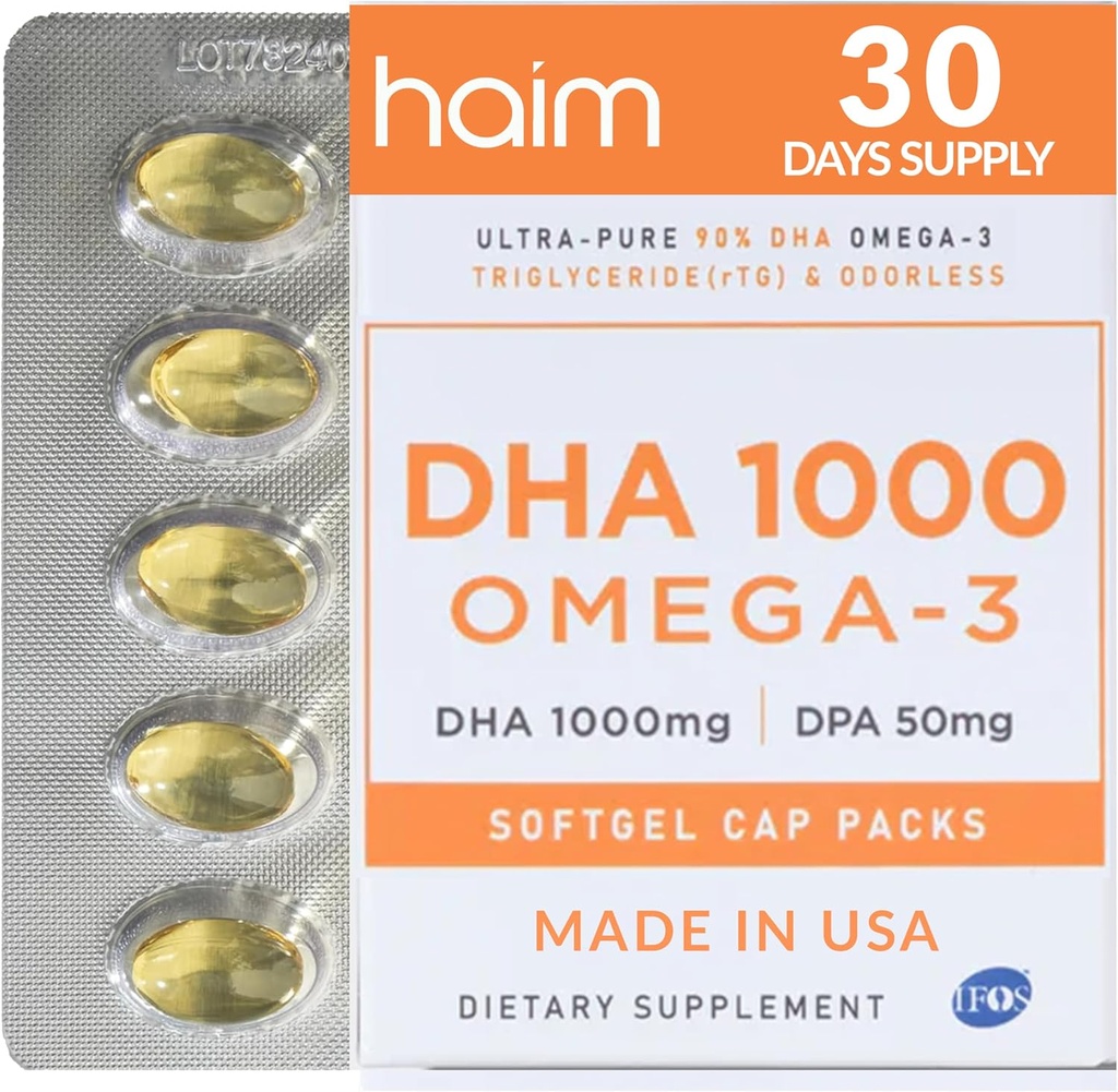 HAIM DHA 1000 Omega-3 Fish Oil - 90% καθαρότητα με 1000mg DHA, 50mg DPA - συμπλήρωμα ιχθυελαίου υψηλής ισχύος για τον εγκέφαλο, τα μάτια και την καρδιά Υποστήριξη - Προωθεί συνολική ευεξία & εστίαση - 1 κουτί, 60 Softgels