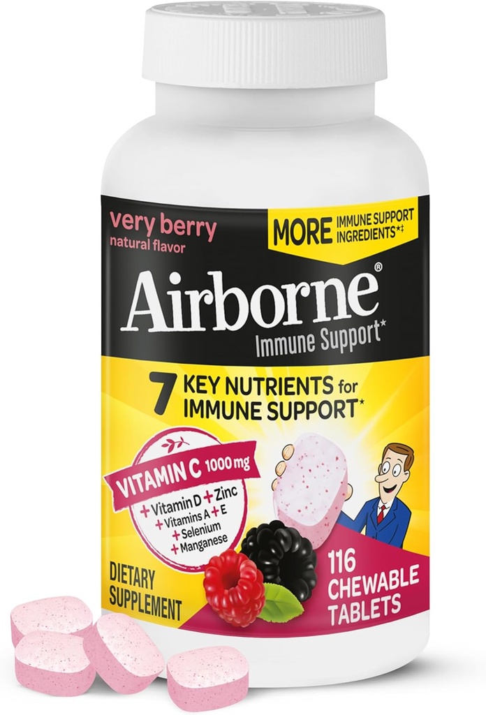 Airborne C 1000 mg (per Servis) - Çok Berry Chewable Tabletler (116 Bir Şişede Kont), Gluten-Free Immune Support Supplement, A C E, çinko, Selenium, Ginger, Antioksis