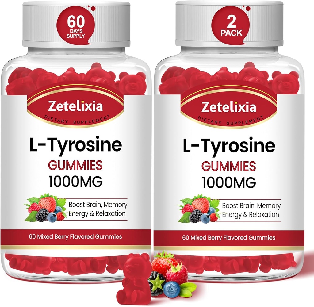 L Tyrosine Gummies 1000mg, L-Θεανίνη συμπλήρωμα Gummy 200mg, Ζάχαρη Δωρεάν L-Τυροσίνη με βιταμίνη B6 Ενεργειακά συμπληρώματα για ενήλικες & παιδιά - Υποστήριξη Mood Focus Gummies,Brain Memory,120 Count