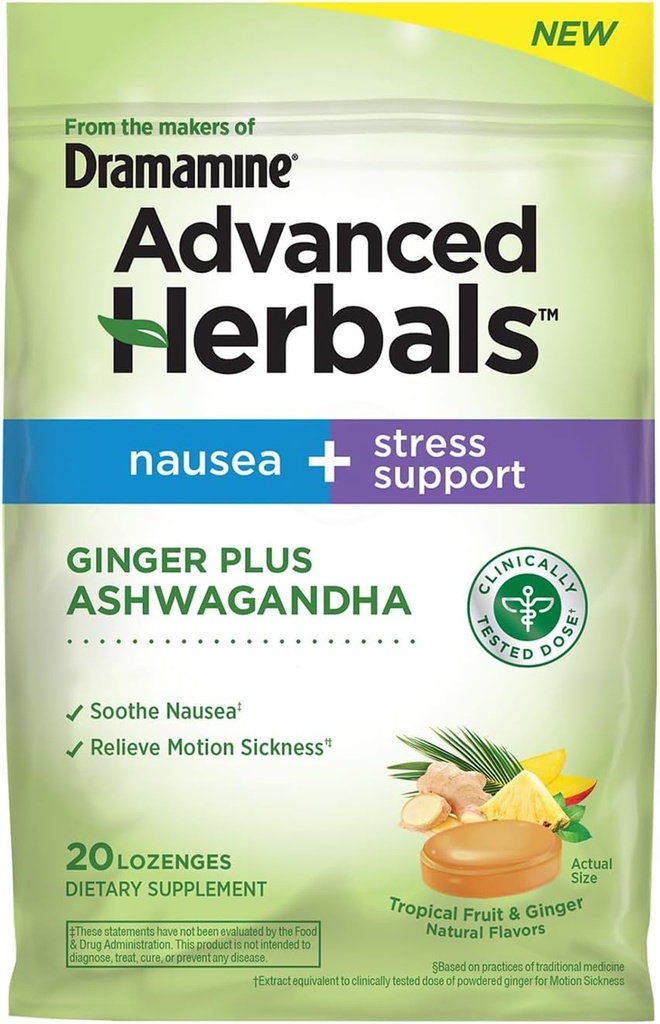 Dramamine'nin yapımcılarından Advanced Herbals Ginger & Ashwagandha Lozenges, Nausea Relief & Stress Support, Tropikal Meyve ve Ginger Flavor, 20 Kont