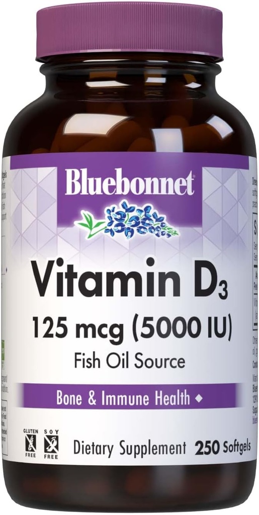 Bluebonnet Beslenme Vitamin D3 5000 İ Softgels, Kas ve Skeletal Büyümede Yardımcılar, Balık Yağından Cholecalciferol, Gluten Ücretsiz, Soy Free, Sarı, 250 Softgels