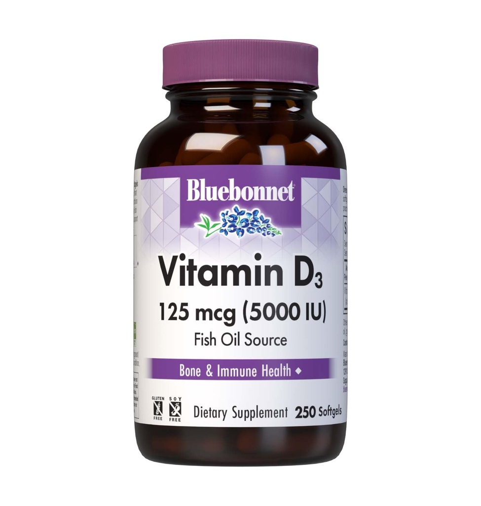 Bluebonnet Beslenme Vitamin D3 5000 İ Softgels, Kas ve Skeletal Büyümede Yardımcılar, Balık Yağından Cholecalciferol, Gluten Ücretsiz, Soy Free, Sarı, 250 Softgels