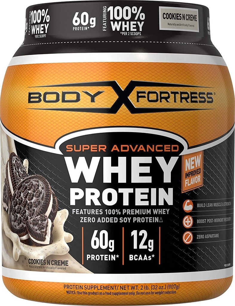 Body Fortress Whey Protein Powder, Cookies N' Creme, Aspartame Free, 60 G Protein Per Serving, 2 Lbs