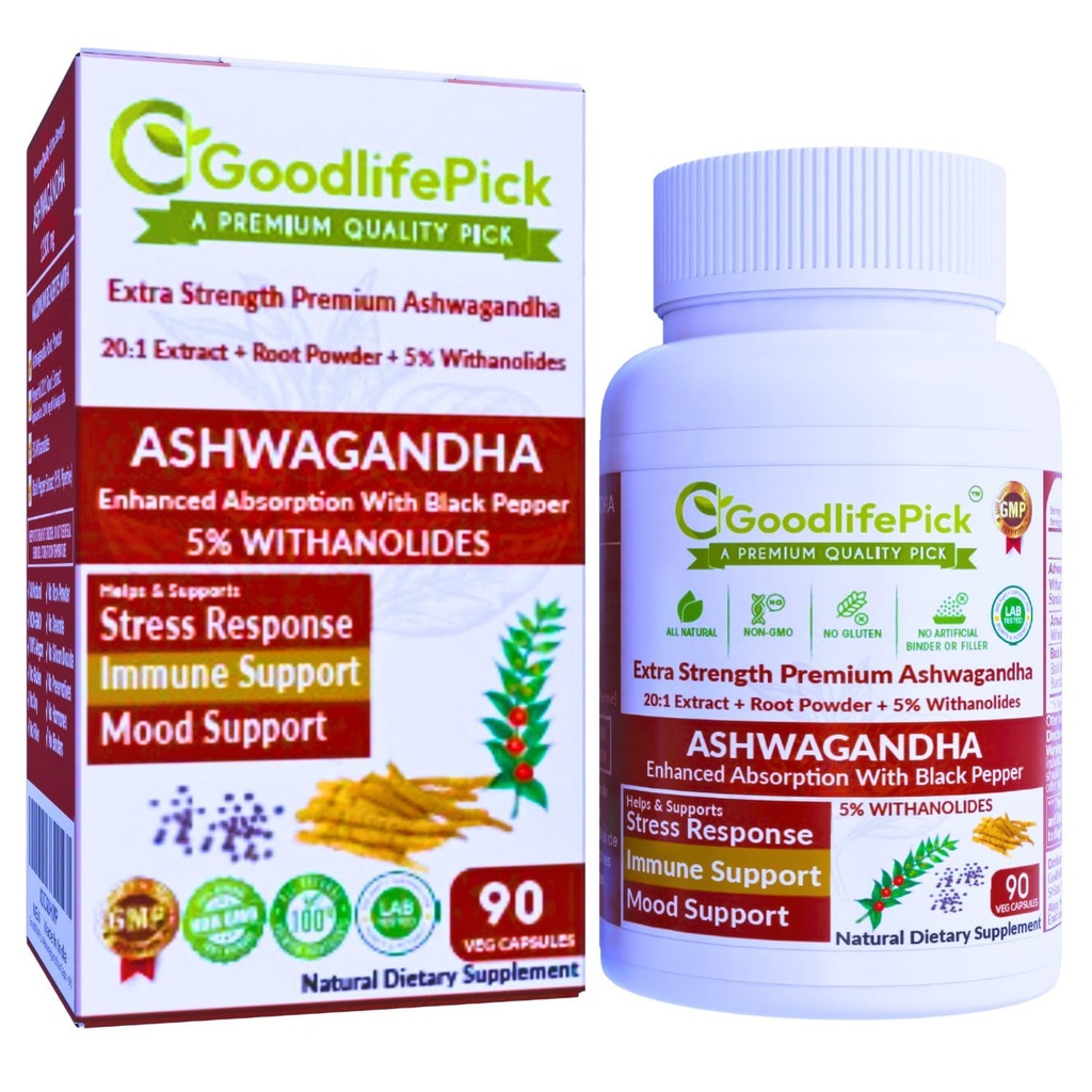 Premium κάψουλες Ashwagandha με Μαύρο Πιπέρι. Ισχυρό 5% Wthanolides από Ashwagandha σκόνη & 20:1 εκχύλισμα 90 ct. Φυσικό NonGMO NO σκόνη ρυζιού NO Filler