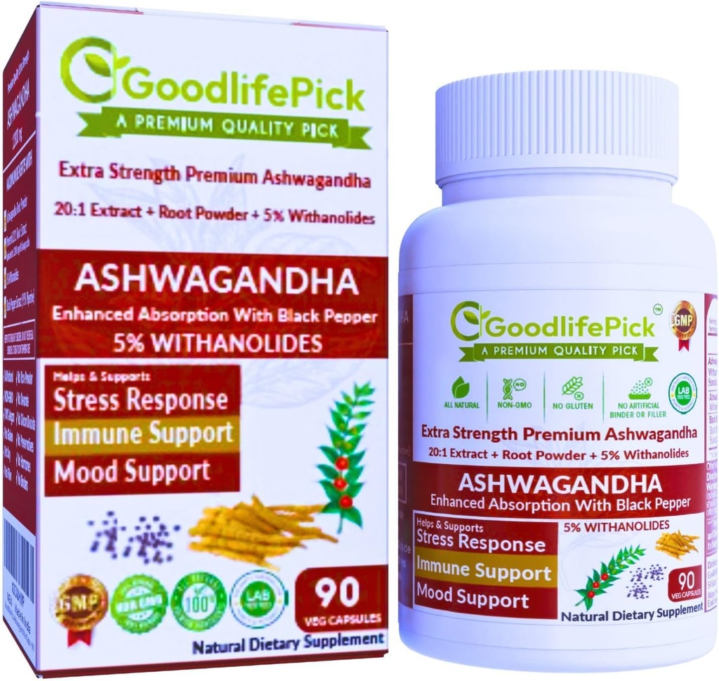 Premium κάψουλες Ashwagandha με Μαύρο Πιπέρι. Ισχυρό 5% Wthanolides από Ashwagandha σκόνη & 20:1 εκχύλισμα 90 ct. Φυσικό NonGMO NO σκόνη ρυζιού NO Filler