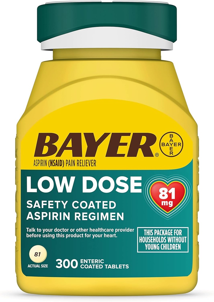 Bayer aspirin Low Dose 81 mg, Kapic Kaplamalar, Doktor Önerilen, Cardiovascular Hastalığının Orta Önlenmesi, 300 Güvenlik Tabletleri Tabletleri