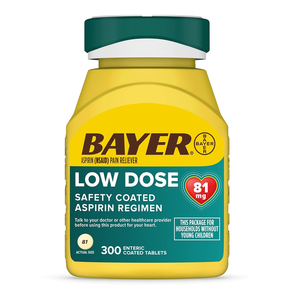 Bayer aspirin Low Dose 81 mg, Kapic Kaplamalar, Doktor Önerilen, Cardiovascular Hastalığının Orta Önlenmesi, 300 Güvenlik Tabletleri Tabletleri