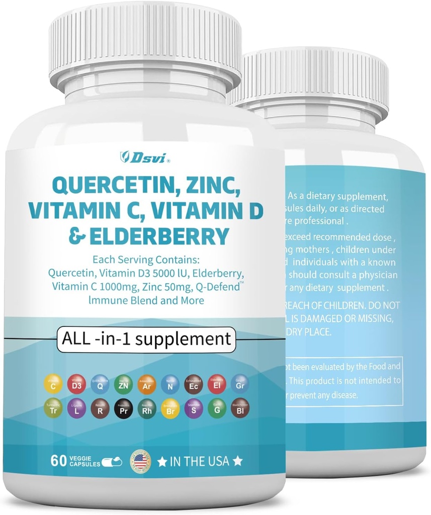 Quercetin 1000 mg çinko 50mg Vitamin C 1000 mg D 5000IU Immune System Support Supplement with Echinacea Ginger Bromelain Sea Moss Bro Nettle Vegan Capsules for Men and Women,60 Count USA