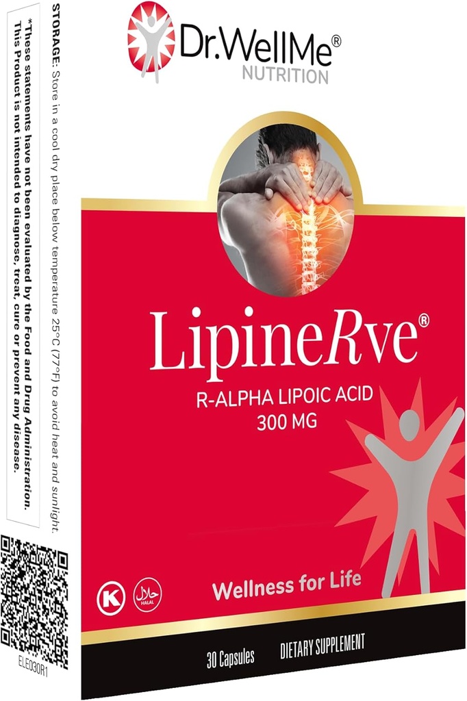 Dr.WellMe Lipinerve R Alpha Lipoic Acid 300mg Capsules Per Serving - an Antioxidant Supplement, Kosher | Halal 30 Count - Made in USA