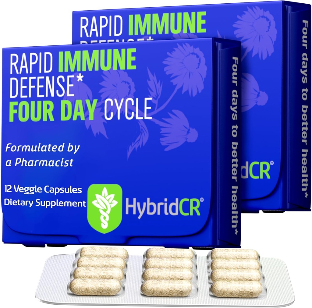 HybridCR Rapid Immune Support Supplement – 4 Day Immunity Supplement - Immune Defense ATM with Echinacea, Ginseng, Andrographis, çinko, Selenium – Seyahat Boyut Sistemi Desteği – 24 Caps, 2 Dose Packs