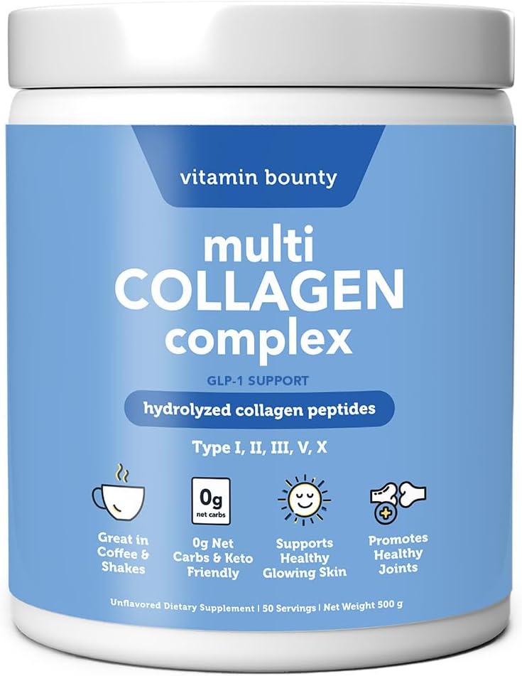 Vitamin Bounty Multi Collagen Complex - Hydrolyzed Collagen Peptides Τύποι I, II, III, V & X - Υποστηρίζει την ελαστικότητα του δέρματος, κοινή υγεία, μαλλιά και ανάπτυξη νυχιών - 50 Υπηρεσίες