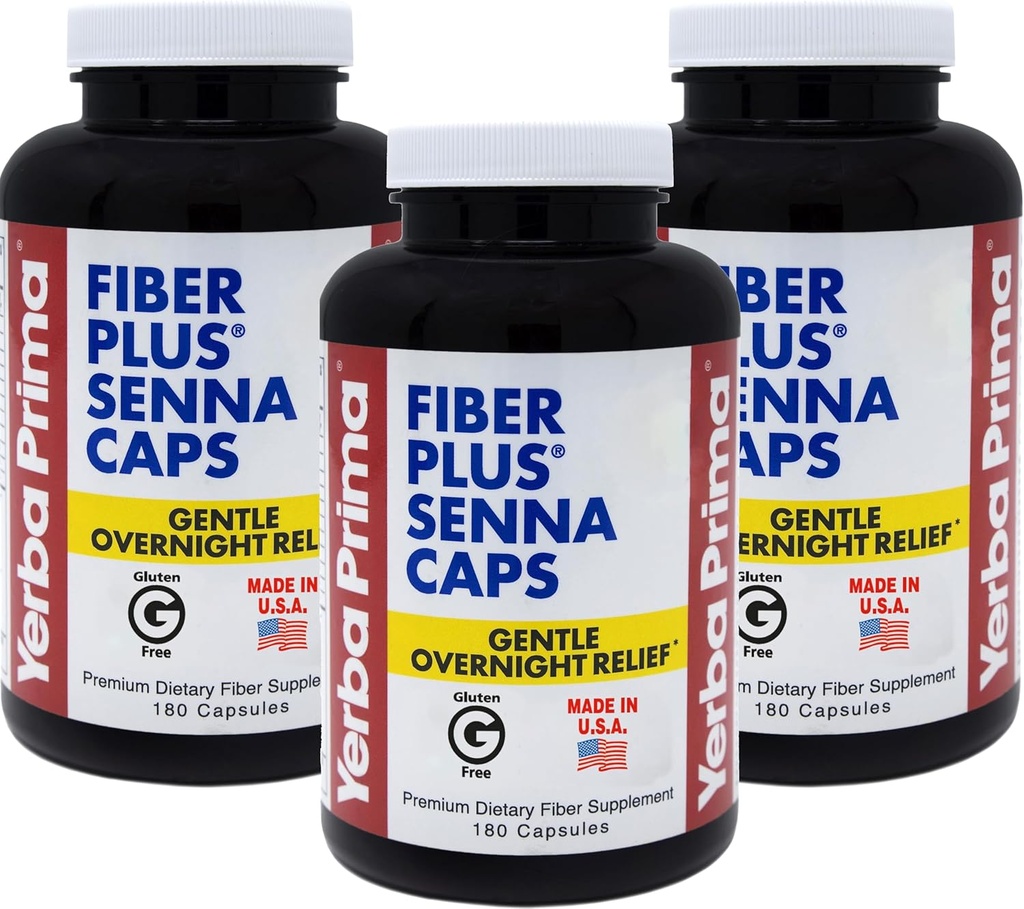 Yerba Prima Fiber Plus Senna Capsules, 180 Count (3 Pack) - Gecelik Yardımı Üzerinde ABD Made, Non-GMO, Gluten-Free Free