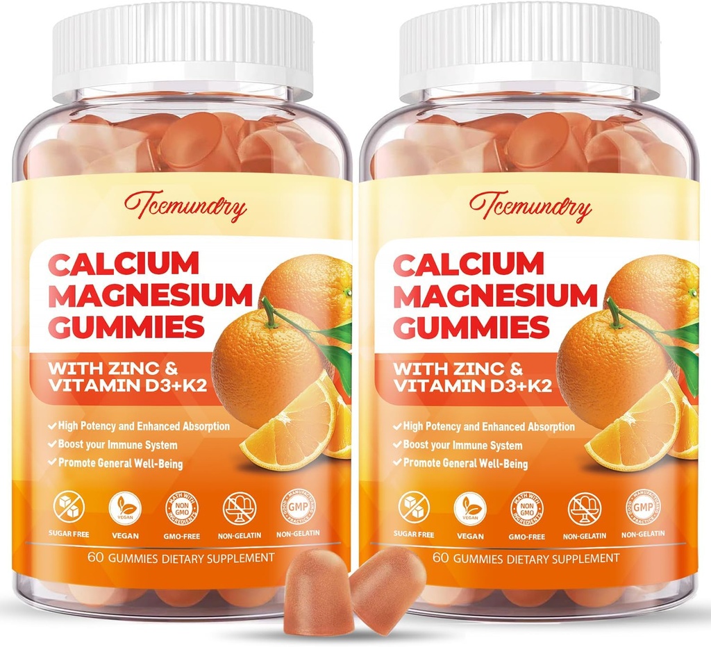 Ασβέστιο Μαγνήσιο Ψευδάργυρος Gummies με βιταμίνη D3 & K2 - Υψηλή απορρόφηση Μαγνήσιο Γλυκινικό 400mg - Συμπλήρωμα Ασβέστου χωρίς ζάχαρη - Υποστήριξη Νευρικό Μυϊκό Άρθρωμα & Ανοσία - για ενήλικες άνδρες Γυναίκες Παιδιά