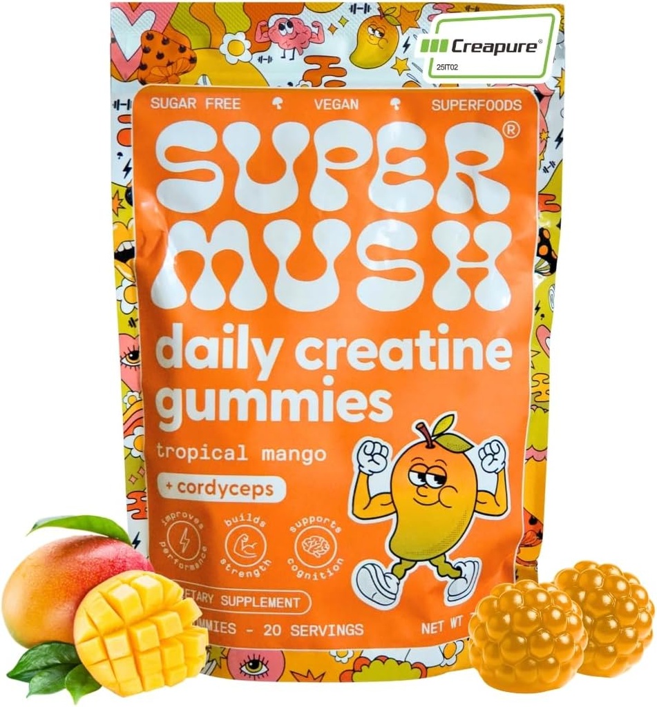 SuperMush Daily Tinatine Gummies with Cordyceps - Daily Superfood - Sugar Free Kretine Monohidrat Supplement for Strength, Focus, and Recovery – Vegan Gummy Formula, Mango Flavor, 20Day Supply