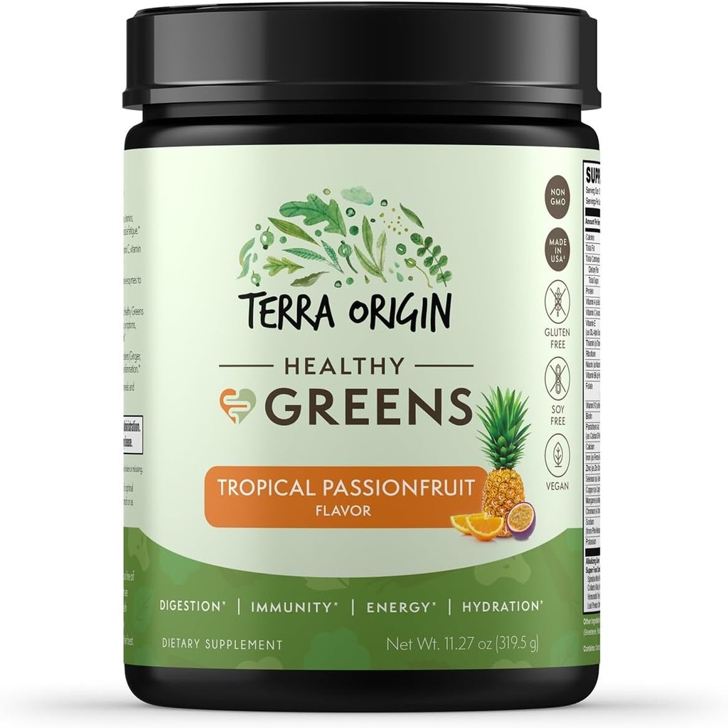 TERRA ORIGIN Sağlıklı Yeşiller Toz Tamam | Superfood Digestive Enzyme & Probiyotik Mixs | Immune, Gut ve Digestive Support for Women | Tropikal Passion Meyve (30 Hizmet)