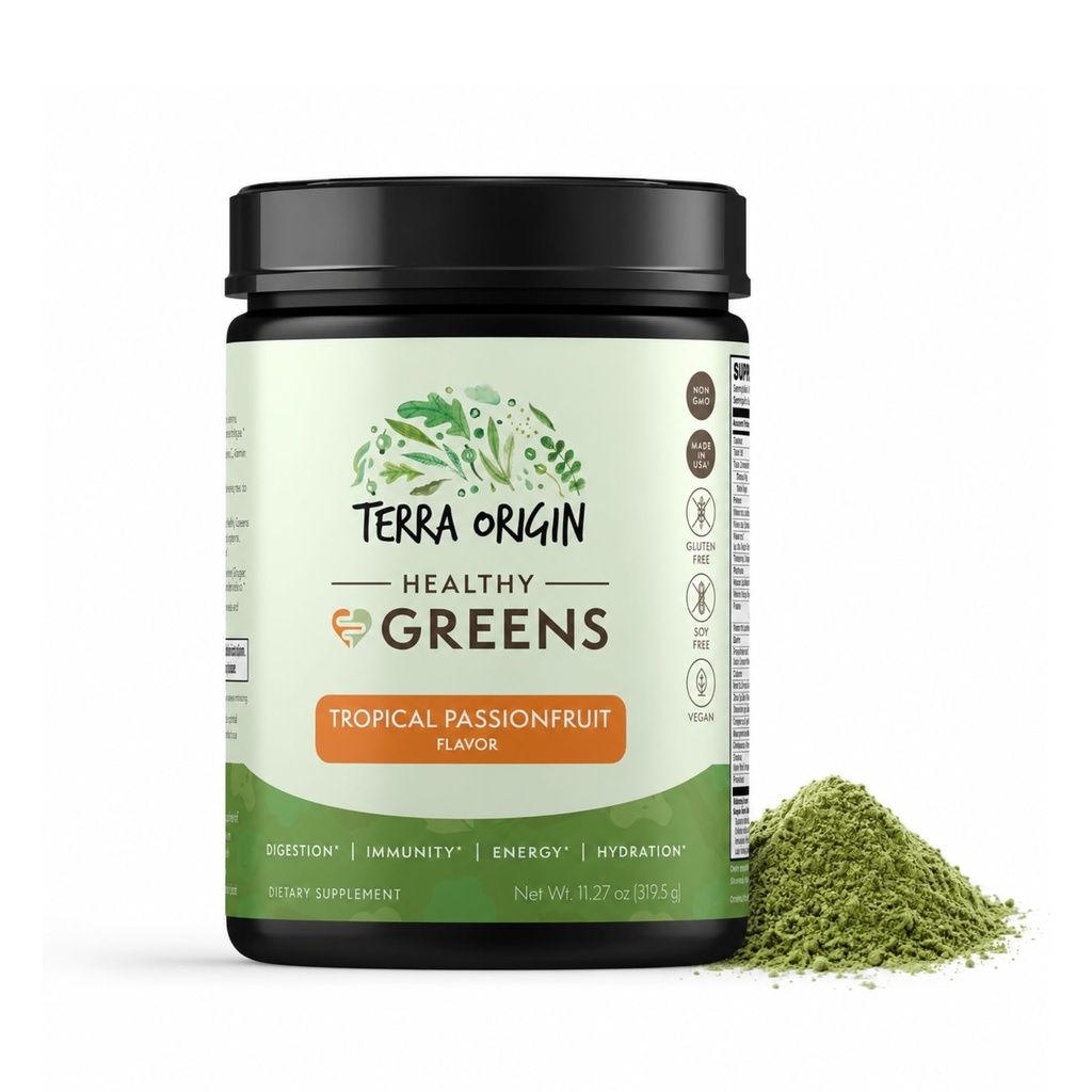 TERRA ORIGIN Sağlıklı Yeşiller Toz Tamam | Superfood Digestive Enzyme & Probiyotik Mixs | Immune, Gut ve Digestive Support for Women | Tropikal Passion Meyve (30 Hizmet)