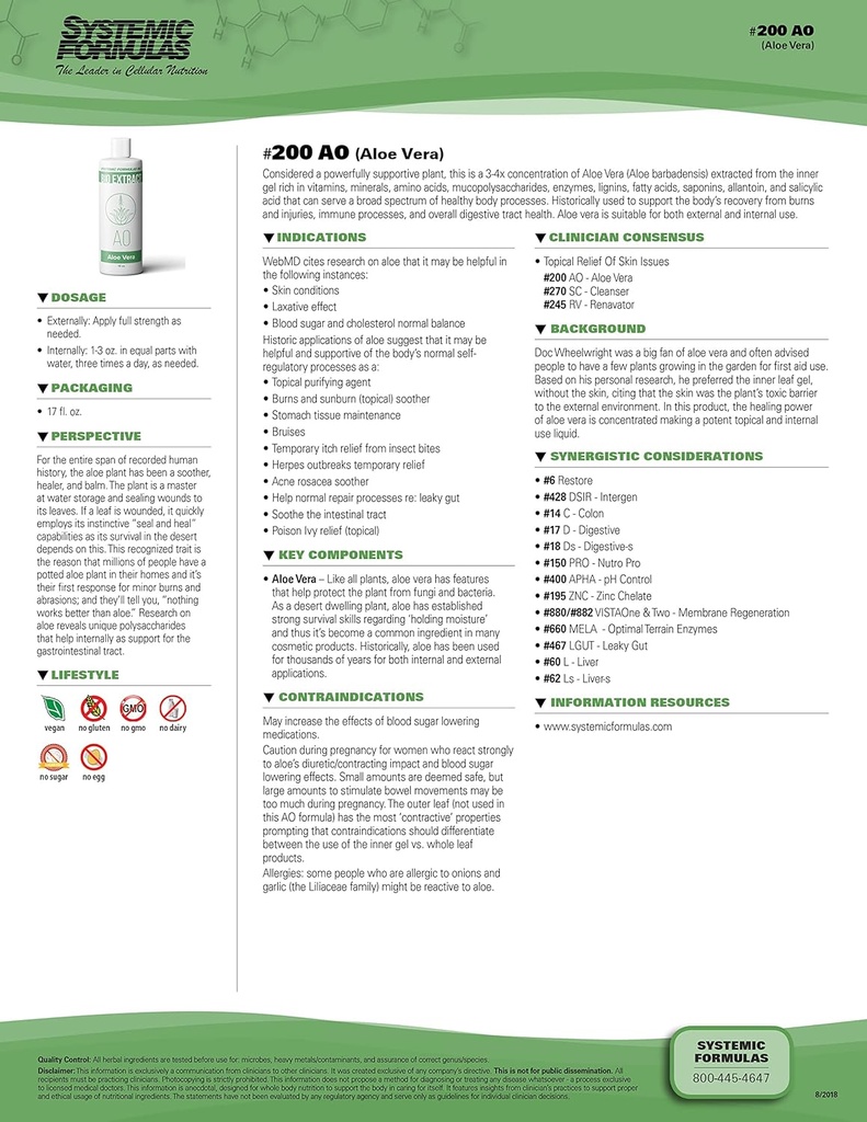 Systemic Formulas Aloe Vera #200-16 oz Premium Not for Digestive Health and Wellness - Pure Aloe Vera Ekstraksiyon